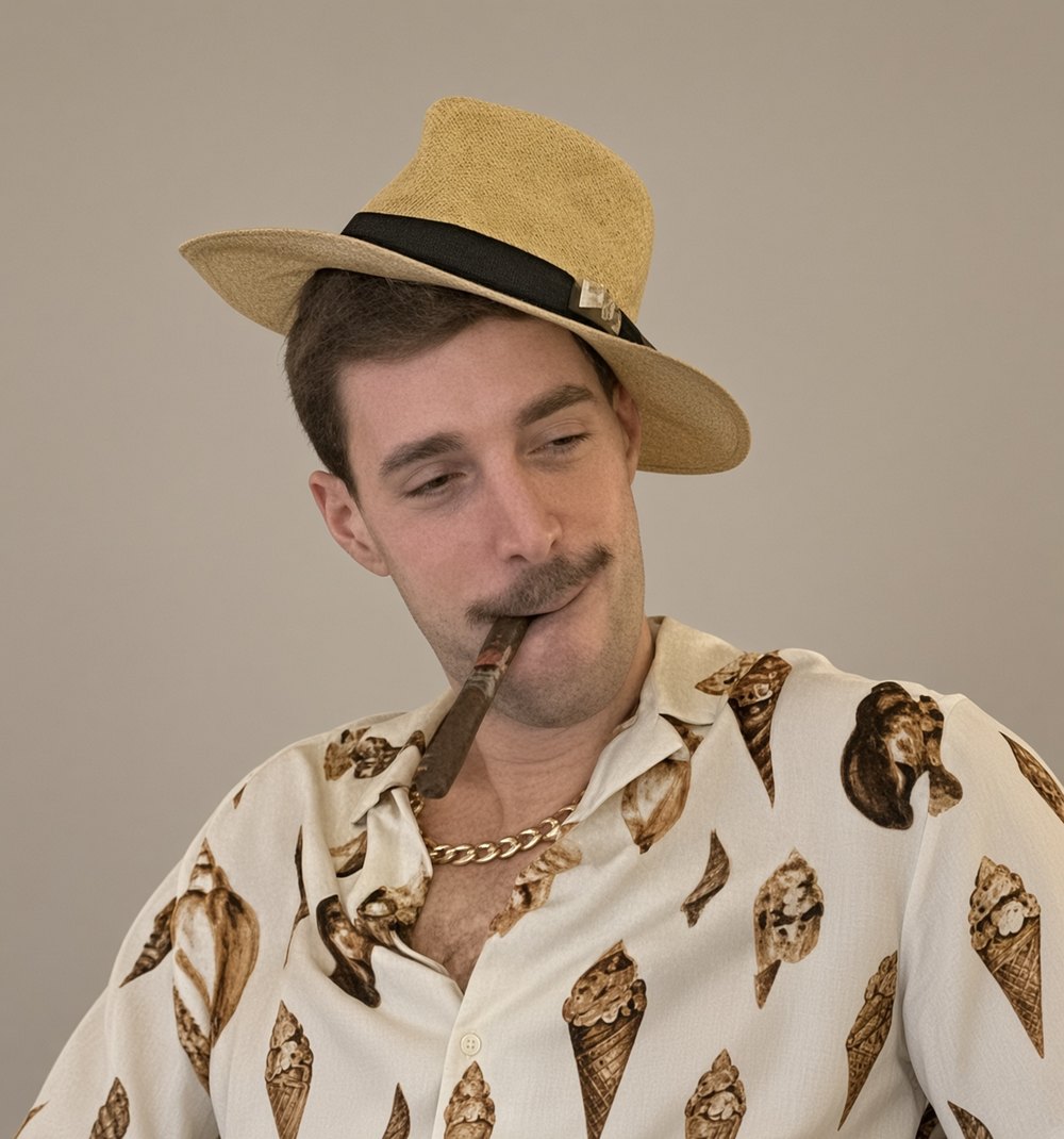 Portrait of a man in a straw fedora and an ice-cream print shirt, cigar in mouth